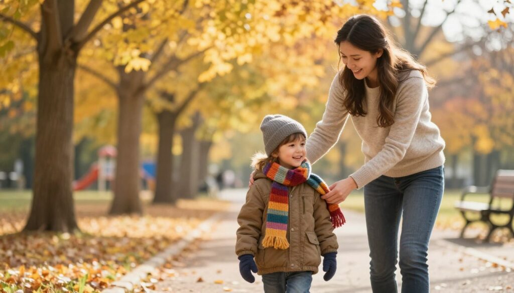 A cozy outdoor scene featuring a parent gently dressing a child for a walk in a park during autumn. In the foreground, a smiling parent is shown putting a warm jacket on the child, who is happily holding a colorful scarf. The child is dressed in comfortable, layered clothing suitable for chilly weather, including a beanie and mittens. In the middle ground, a path lined with trees displaying bright fall foliage, with soft sunlight filtering through the leaves creating a warm glow. The background includes hints of a playground and benches, accentuating a family-friendly atmosphere. The scene conveys warmth, care, and the cheerful spirit of spending time outdoors together. The overall mood is inviting and serene, capturing the essence of preparing a child for a delightful outdoor experience.