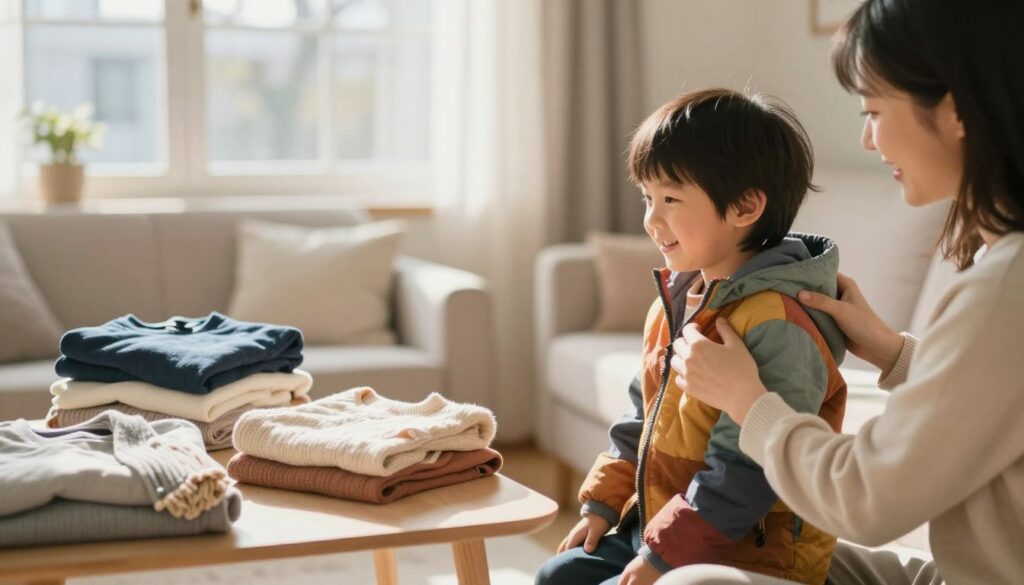 A cozy, well-lit living room featuring a parent dressing a young child in layers for varying temperatures. In the foreground, the parent gently puts a colorful, warm jacket on the child, who is smiling and looking at their parent. In the middle ground, neatly folded clothes are displayed on a nearby table, including long-sleeve shirts, a cozy sweater, and a light scarf. The background shows a window with sunlight streaming in, indicating a chilly but bright day outside. The atmosphere is warm and nurturing, evoking a sense of care and parental love. The image should be captured with a soft focus lens to create a comforting, intimate feel.