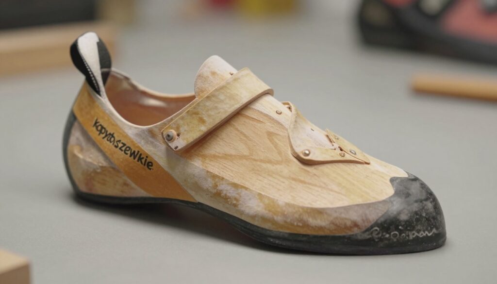 A detailed close-up of a "kopyto szewskie" (shoe last) specifically designed for climbing shoes, set against a neutral workbench background. The shoe last should be depicted in natural wood texture, showcasing its anatomical curves and distinct features, highlighting the craftsmanship involved in climbing shoe design. Soft, diffused lighting should illuminate the contours, casting gentle shadows to emphasize depth and detail. The image should have a professional feel, with a slight focus blur in the background, ensuring all attention remains on the shoe last. The mood is educational and technical, perfect for illustrating the anatomy of climbing shoes in an instructional context. A detailed close-up of a "kopyto szewskie" (shoe last) specifically designed for climbing shoes, set against a neutral workbench background. The shoe last should be depicted in natural wood texture, showcasing its anatomical curves and distinct features, highlighting the craftsmanship involved in climbing shoe design. Soft, diffused lighting should illuminate the contours, casting gentle shadows to emphasize depth and detail. The image should have a professional feel, with a slight focus blur in the background, ensuring all attention remains on the shoe last. The mood is educational and technical, perfect for illustrating the anatomy of climbing shoes in an instructional context.