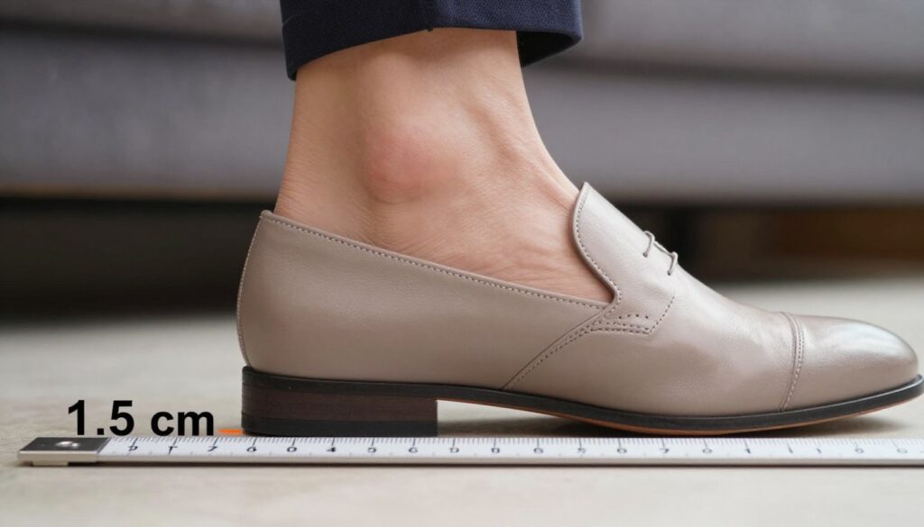 A detailed close-up of a person's foot inside a shoe, demonstrating the concept of "1.5 cm looseness." The foot is positioned on a measuring device or ruler that clearly shows the gap of 1.5 cm between the shoe and the heel. The individual wears professional business attire, with the shoe being a sleek, modern design in a neutral color. The foreground features the shoe and measuring tool, while the background is softly blurred to emphasize clarity on the shoe's fit. The lighting is bright and even, highlighting the textures of the shoe and foot. The overall mood is instructional and focused, conveying a practical approach to shoe fitting.