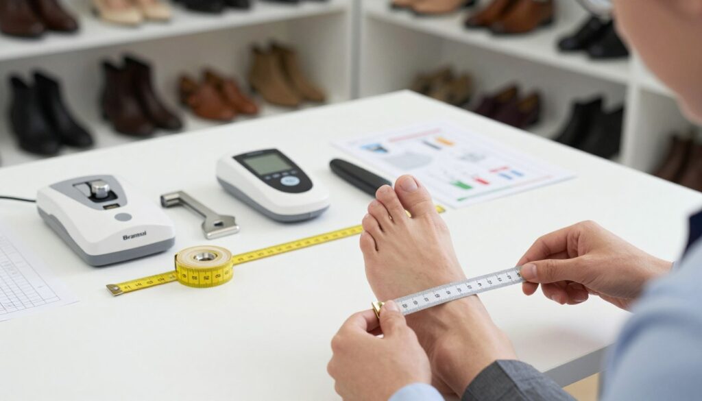 A detailed comparison of foot measurement techniques, featuring a well-lit workspace. In the foreground, a professional wearing business attire, measuring their foot with a ruler, showcasing precision and focus. Behind them, various foot measurement tools are scattered, including a Brannock device, a tape measure, and a digital foot scanner, each clearly visible. The middle layer showcases an open, organized workspace with a clean surface and measurement charts. The background has a blurred view of a shoe rack filled with various types of shoes, creating a relatable context. Soft, diffused lighting enhances the atmosphere of professionalism and practicality, while the angle of the scene directs the viewer’s attention to the measurement process. The image evokes a sense of thoroughness and clarity in understanding foot measurement methods.