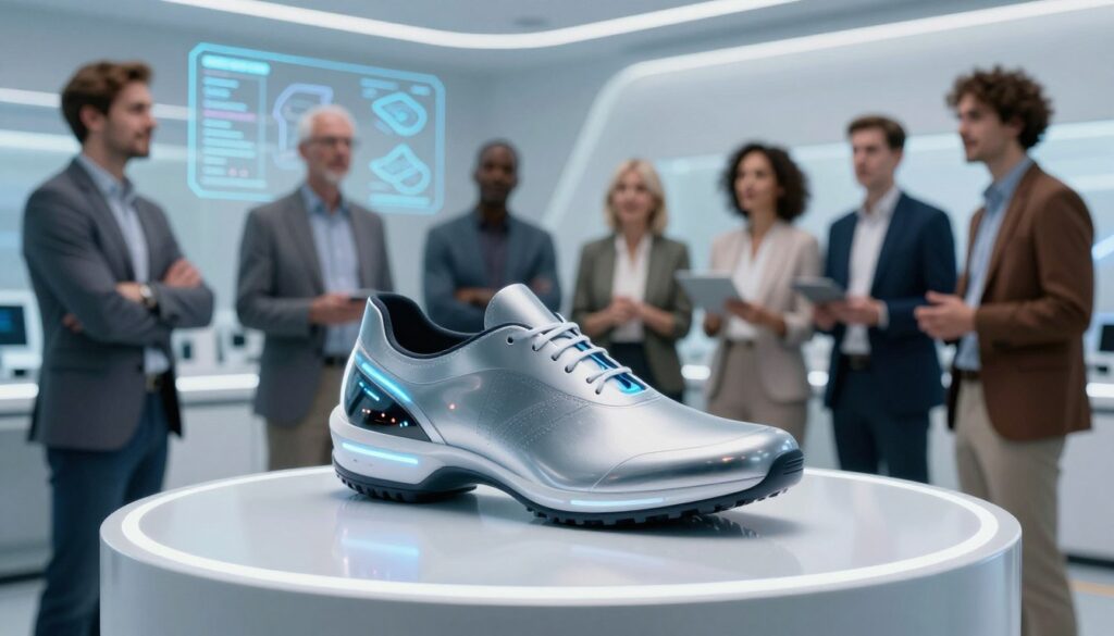 A futuristic shoe displayed in a modern, high-tech laboratory setting. The shoe features sleek lines, innovative materials, and embedded smart technology like sensors and LED indicators, emphasizing advancements in footwear design. In the foreground, the shoe is shown on a rotating display pedestal, reflecting light to highlight its contours. In the middle ground, a diverse group of professionals in smart, casual attire examines the shoe, their expressions reflecting curiosity and excitement. The background features holographic displays showcasing technical specifications and design blueprints. Bright, clean lighting enhances the atmosphere of innovation and sophistication, suggesting a breakthrough in footwear technology. Soft focus effects on the background emphasize the shoe as the focal point of the image. A futuristic shoe displayed in a modern, high-tech laboratory setting. The shoe features sleek lines, innovative materials, and embedded smart technology like sensors and LED indicators, emphasizing advancements in footwear design. In the foreground, the shoe is shown on a rotating display pedestal, reflecting light to highlight its contours. In the middle ground, a diverse group of professionals in smart, casual attire examines the shoe, their expressions reflecting curiosity and excitement. The background features holographic displays showcasing technical specifications and design blueprints. Bright, clean lighting enhances the atmosphere of innovation and sophistication, suggesting a breakthrough in footwear technology. Soft focus effects on the background emphasize the shoe as the focal point of the image.