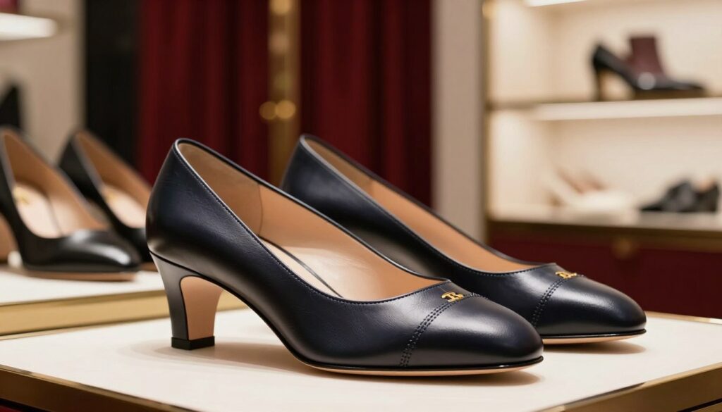 A stylish pair of modern Bugatti women's shoes prominently featured in the foreground, showcasing their high-quality materials and elegant design. The shoes have a polished leather finish, intricate stitching details, and a sleek silhouette, emphasizing luxury and sophistication. In the middle ground, a blurred display of additional Bugatti footwear styles, adding depth and context. The background consists of a softly lit, upscale boutique interior with rich textures and warm lighting, evoking a sense of exclusivity. The overall mood is refined and glamorous, with a focus on the craftsmanship and innovation in the design of Bugatti women's shoes. Captured from a low angle to highlight the shoes while maintaining an inviting atmosphere.