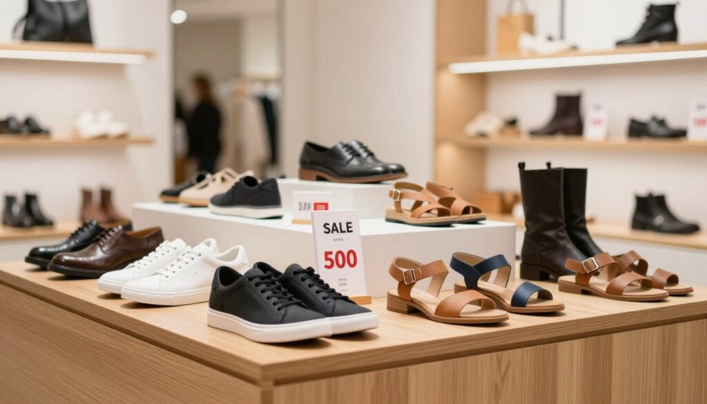 A stylish showcase of Bench shoes featuring a variety of footwear in an appealing, well-lit store display. In the foreground, a selection of men's and women's shoes, including sneakers, sandals, and boots, arranged neatly on a sleek wooden counter. The middle ground displays promotional tags highlighting attractive sale prices, while soft lighting creates a welcoming atmosphere. In the background, a modern shop interior with minimalist decor, emphasizing the focus on the Bench collection. Use a shallow depth of field to create a softer background, allowing the vibrant colors and textures of the shoes to stand out. The mood is inviting and energetic, perfect for attracting customers to discover the deals. A stylish showcase of Bench shoes featuring a variety of footwear in an appealing, well-lit store display. In the foreground, a selection of men's and women's shoes, including sneakers, sandals, and boots, arranged neatly on a sleek wooden counter. The middle ground displays promotional tags highlighting attractive sale prices, while soft lighting creates a welcoming atmosphere. In the background, a modern shop interior with minimalist decor, emphasizing the focus on the Bench collection. Use a shallow depth of field to create a softer background, allowing the vibrant colors and textures of the shoes to stand out. The mood is inviting and energetic, perfect for attracting customers to discover the deals.