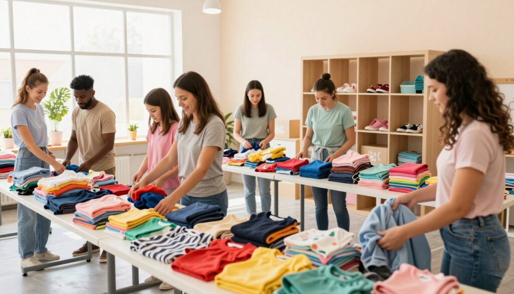 A cozy community center interior designed for children's clothing donations. In the foreground, a diverse group of parents, dressed in modest casual clothing, sorts through piles of colorful children's clothes on tables. In the middle ground, cheerful volunteers organize neatly folded garments, displaying a variety of sizes and styles. Bright shelving showcases shoes and accessories. The background features large windows allowing warm, natural light to flood the space, enhancing the welcoming atmosphere. Soft pastel colors dominate the decor, creating an inviting environment for families. The scene conveys a sense of community spirit, generosity, and practical support, reflecting a helpful resource for parents in need.