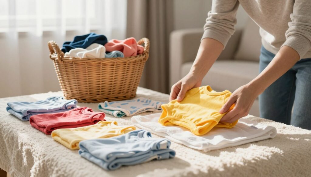 A warm and inviting scene of a cozy living room where a parent is preparing children's clothes for donation. In the foreground, a neatly organized pile of colorful baby clothes is arranged on a soft, textured blanket. The parent, dressed in modest casual clothing, is gently folding a bright yellow onesie with care. In the middle ground, a wicker basket fills with sorted clothes, offering a sense of organization and readiness. The background features a sunlit window with sheer curtains, casting soft shadows and enhancing the overall warm atmosphere. The lighting is natural, emphasizing a sense of community and kindness while creating a heartwarming mood of generosity and preparation for giving back.